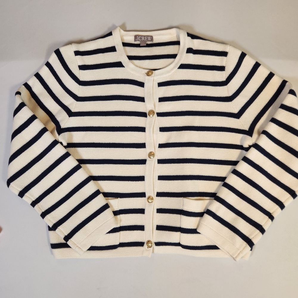 J.Crew Emilie Sweater Lady Jacket in Natural Navy Stripe Cardigan Sz L